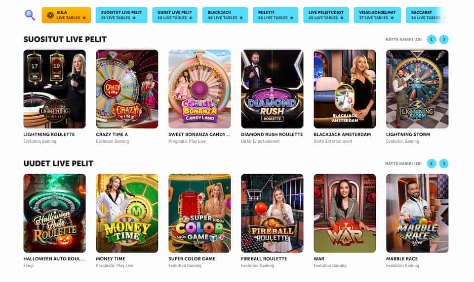 Kiekka-livekasino Kiekka Casinon suositut livepelit