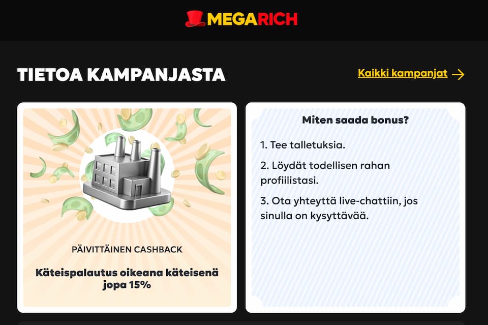 Megarich-Casino-kampanja Megarich Casinolla odottaa päivittäinen cashback