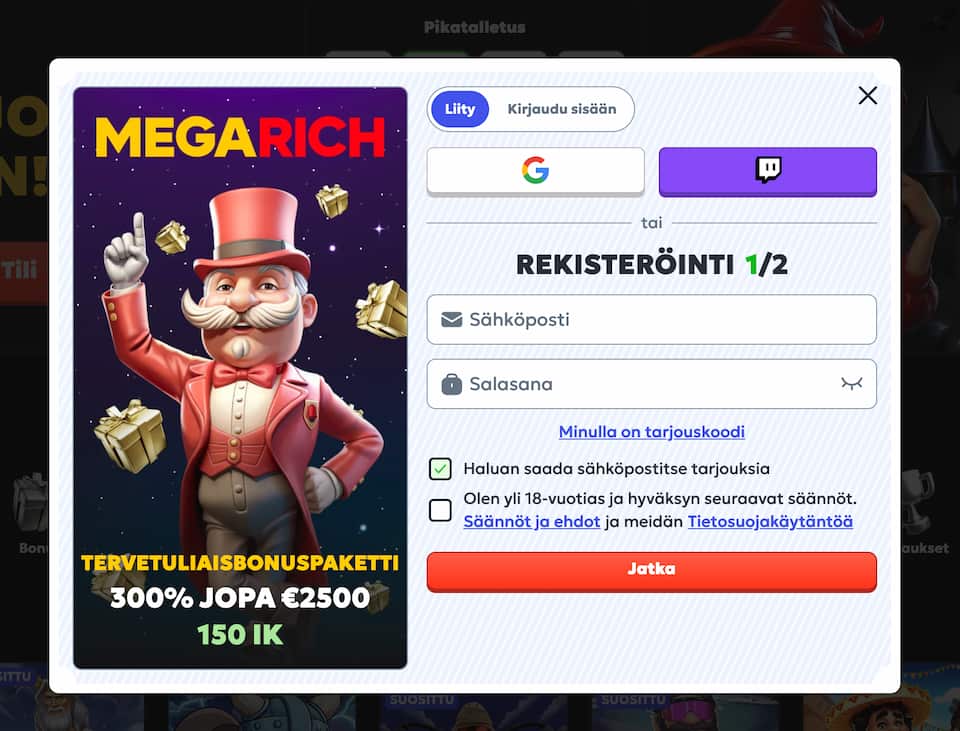 Megarich Casinon rekisteröinti Megarich Casinon näkymä pelitilin rekisteröimiseksi