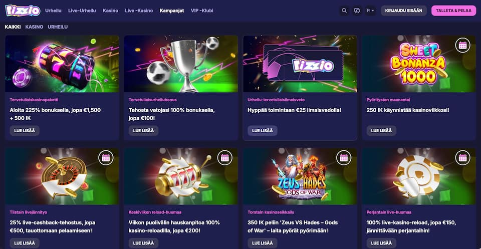 Rizzio-Casino-kampanjat Rizzio Casinon kampanjat sisältävät talletusbonuksia ja ilmaiskierroksia