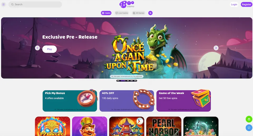 Boo Casinon etusivu esittelee kampanjoita ja pelejä