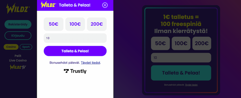 Wildz Casinon pikatalletus Trustlyn kautta