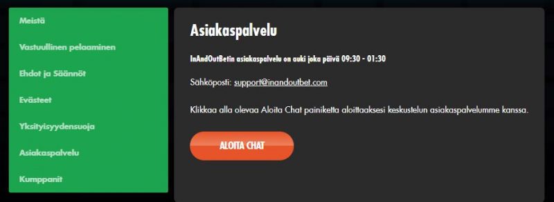 InAndOutBet asiakaspalvelu