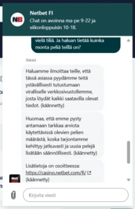 Netbet Casinon asiakastuki livechatissä