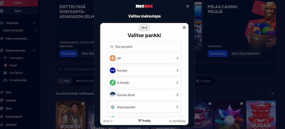 NetBet Casino pikatalletus verkkopankkitunnuksilla