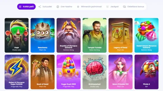 Winnerz Casino tarjoaa rutkasti pelejä, mukaan lukien Book of Dead ja Temple Tumble