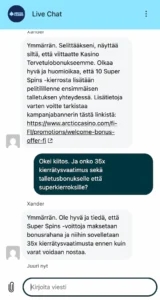 Arctic Spins Casinon asiakaspalvelu livechatissä