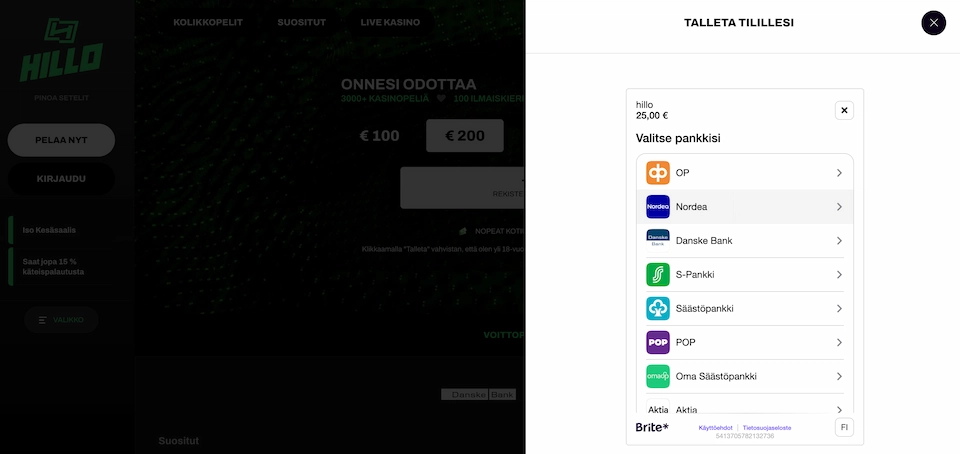 Hillo Casinon nopea talletus verkkopankin kautta