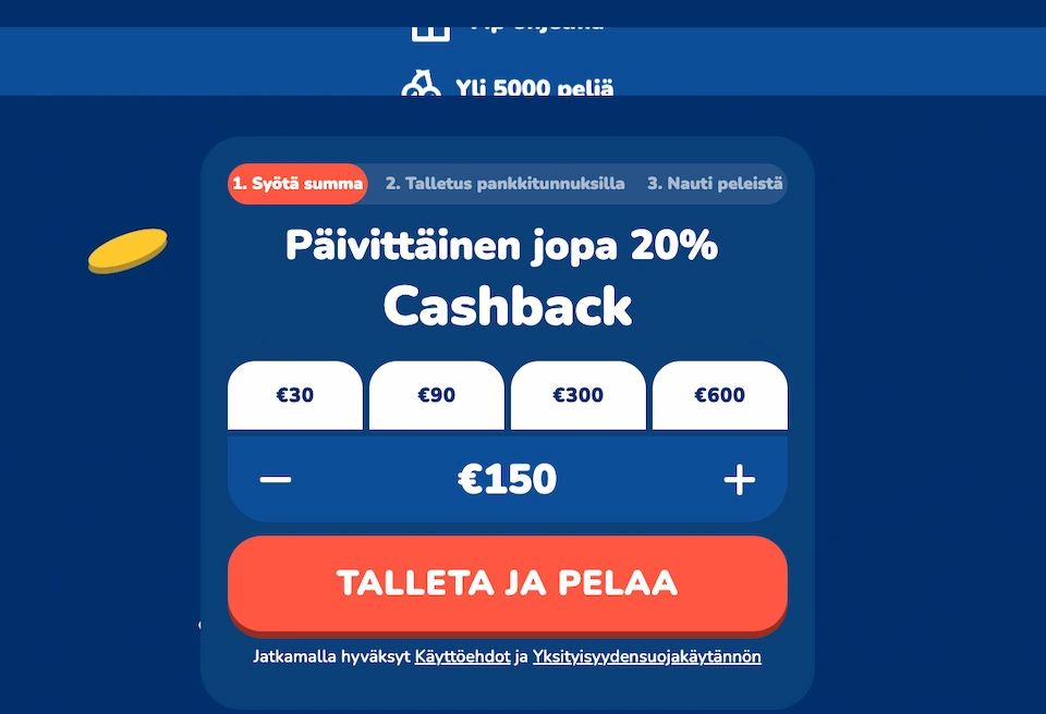 Buusti Kasino talletusikkuna mainostaa päivittäistä käteispalautusta