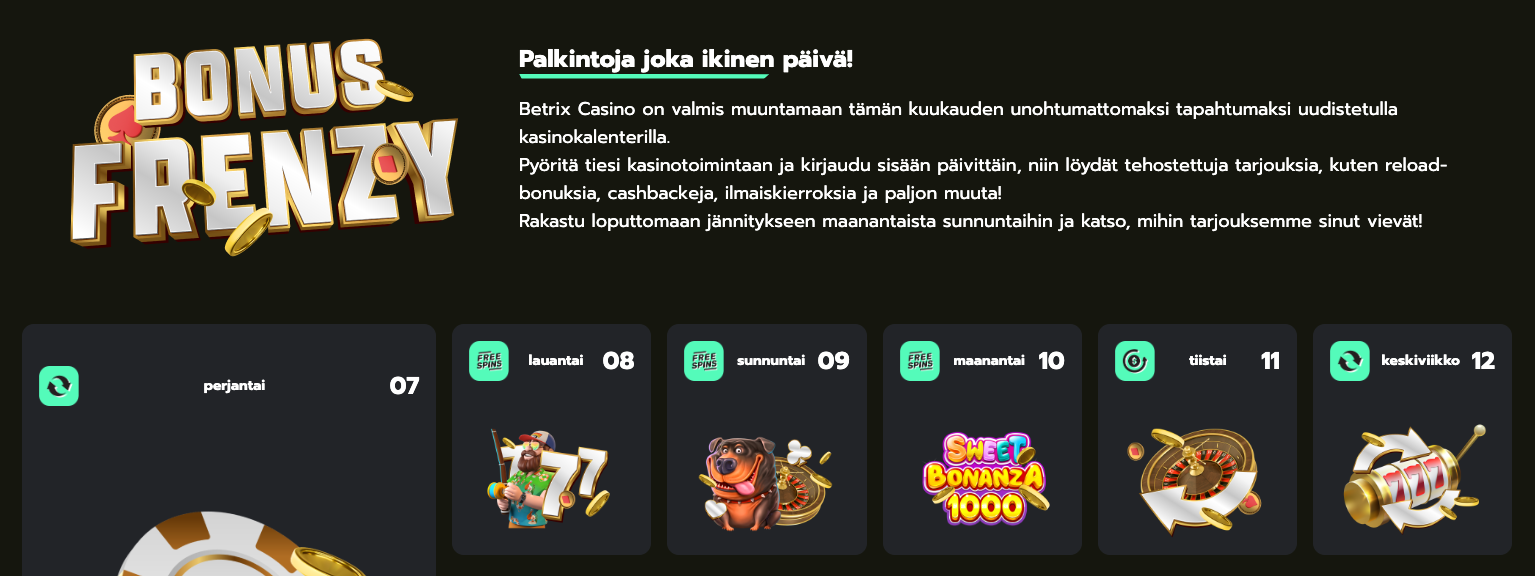 kuvakaappaus betrix casinon bonus frenzy kalenterista joka tarjoaa uusia tarjouksia joka päivä
