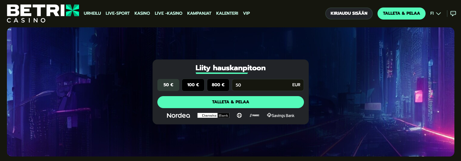 kuvakaappaus betrix casinon etusivusta ja talletusnäkymästä