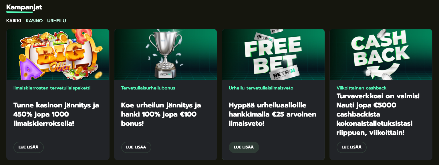 kuvakaappaus betrix casinon tarjousvalikoimasta ja kampanjoista