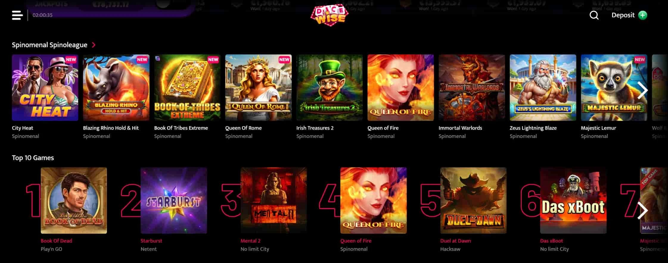 Dice Wise Casino pelivalikoima