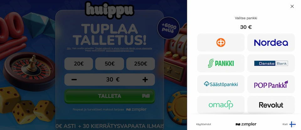 Huippukasinolla valitaan oma verkkopankki talletuksen yhteydessä
