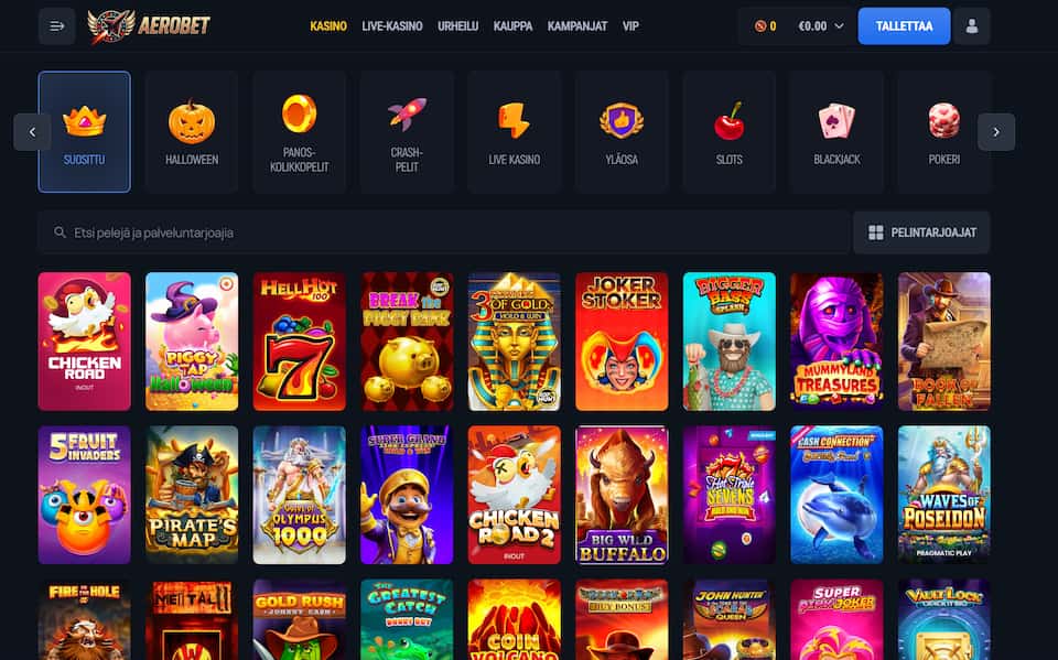 Aerobet Casino tarjoaa paljon pelejä ja kätevän pelihaun