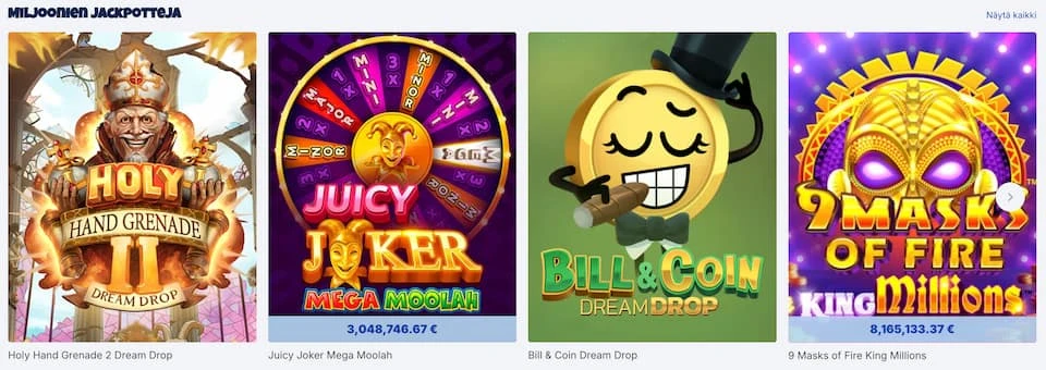 Kassuu Kasino sisältää lukuisia jackpot-pelejä, joissa on jaossa miljoonien jackpotteja