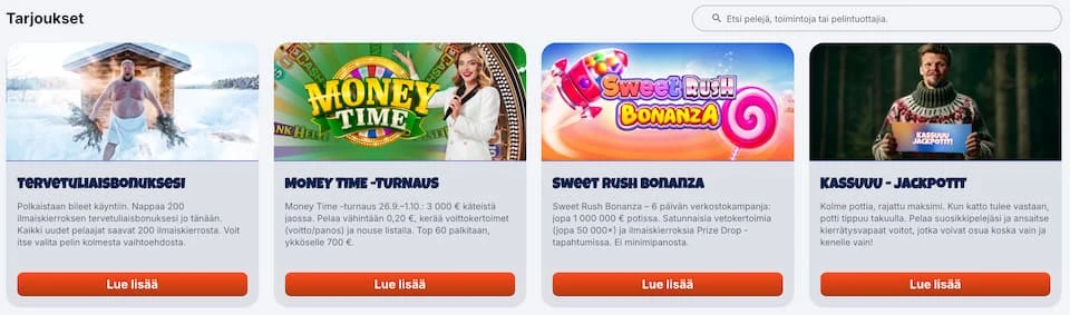 Kassuuu Kasinon kampanjoihin lukeutuvat tervetuliaisbonus ja turnaukset