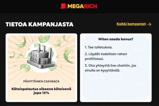 Megarich-Casino-kampanja Megarich Casinolla odottaa päivittäinen cashback