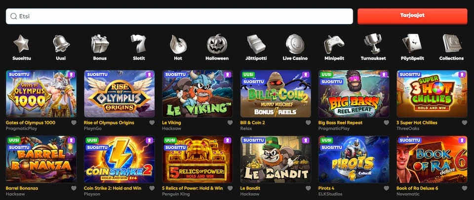 Megarich Casinon pelit ja pelikategoriat