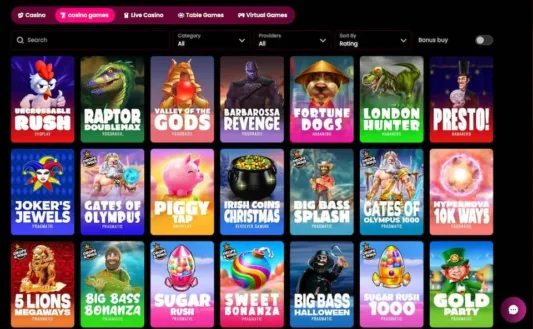 Tenex Casino pelivalikoima on todella kattava