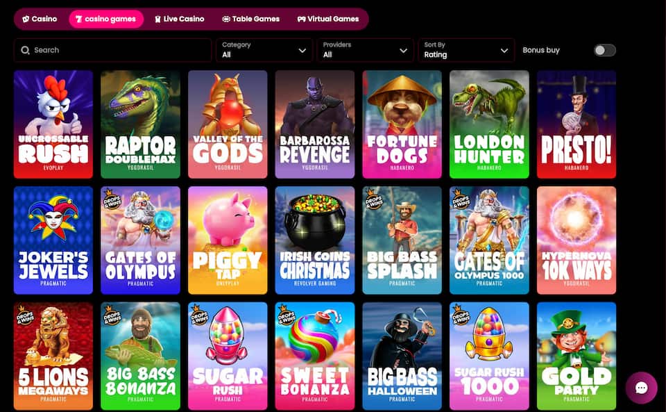 Tenex Casino pelivalikoima on todella kattava
