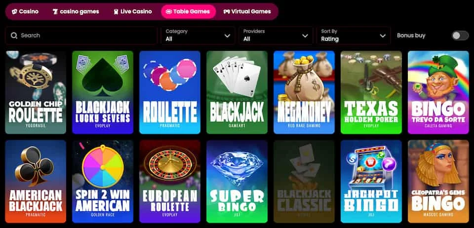 Tenex Casinon pöytäpelejä on helppo selata