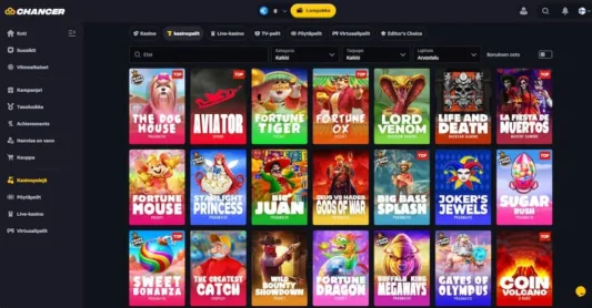 ChancerBetin kasinopelejä ovat mm. Aviator ja Sugar Rush
