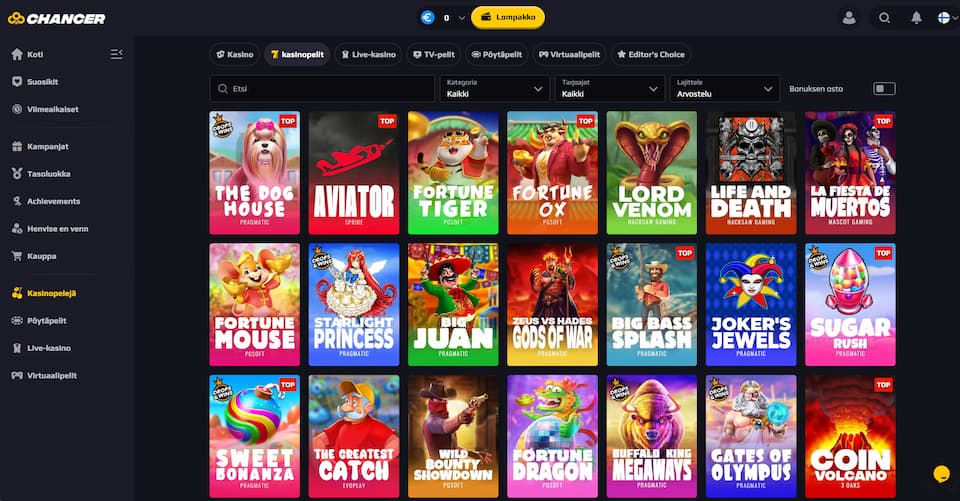 ChancerBetin kasinopelejä ovat mm. Aviator ja Sugar Rush
