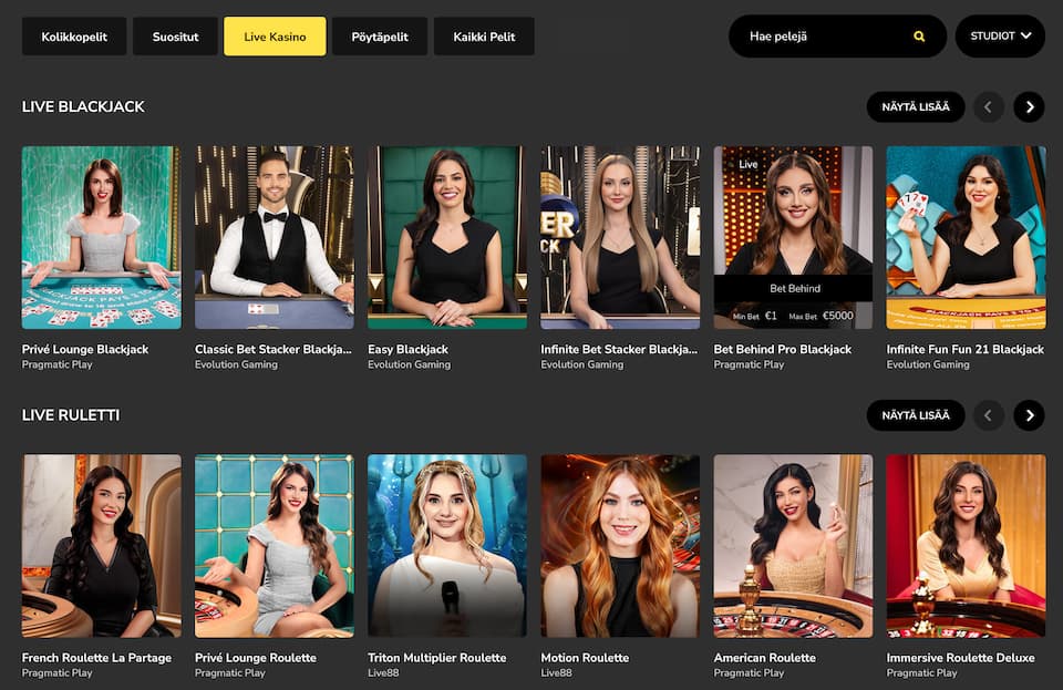 Hurmion livekasino tarjoaa muun muassa blackjackejä