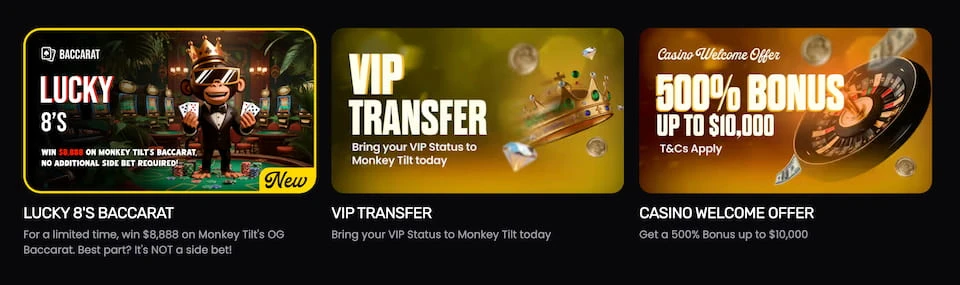 Monkey TIlt Casinon kampanjasivulla esiteltävät tarjoukset