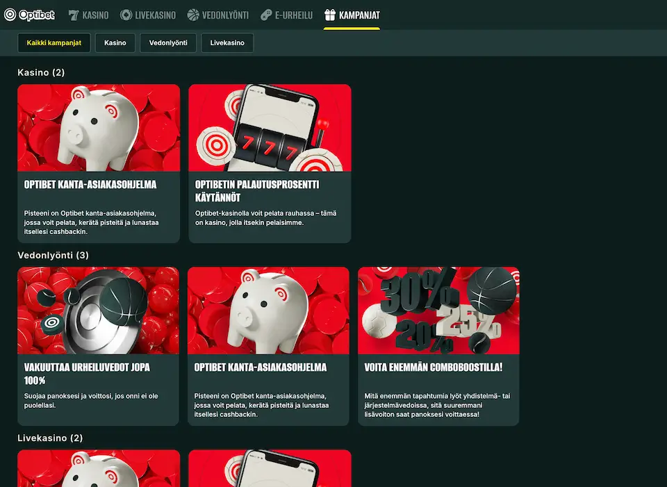 Optibet Casinon kampanjat sisältävät etuja kasinolle ja vedonlyöntiin