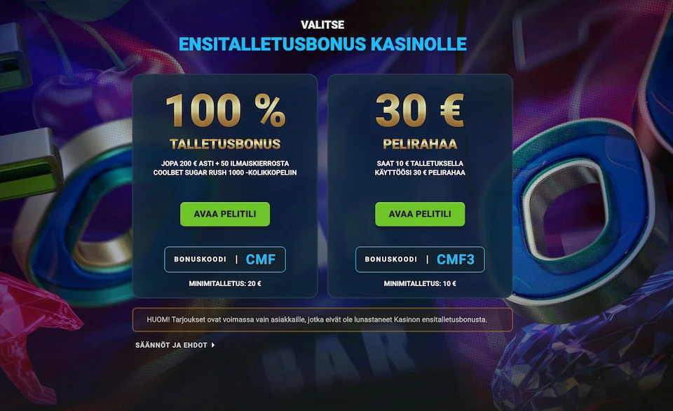 Coolbet Casino tarjoaa tervetulobonuksena kaksi vaihtoehtoa