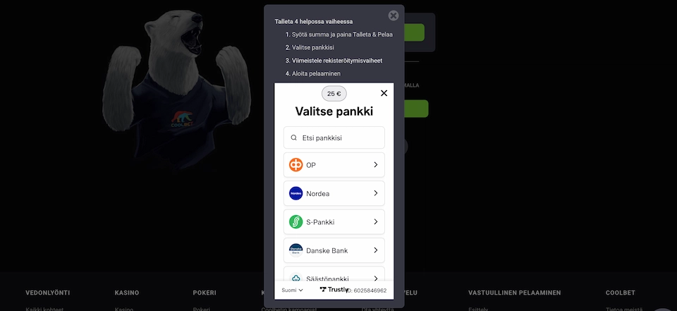 Coolbet Casino talletusikkuna