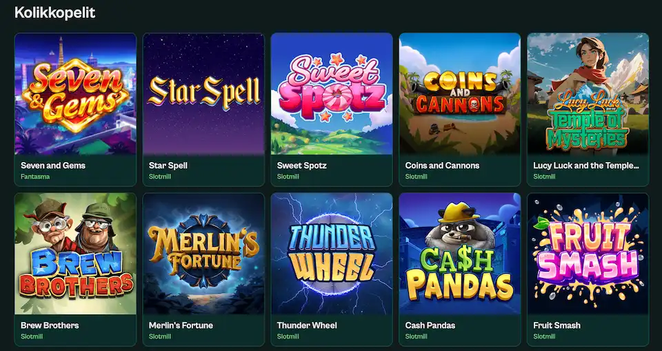 Spinzen Casinon kolikkopelit, mukaan lukien Merlin's Fortune ja Thunder Wheel.
