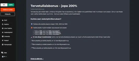 Ninja Casino vedonlyöntibonus