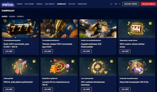 SpinTexas Casinolta löytyy monipuolisesti bonuksia ja muita etuja