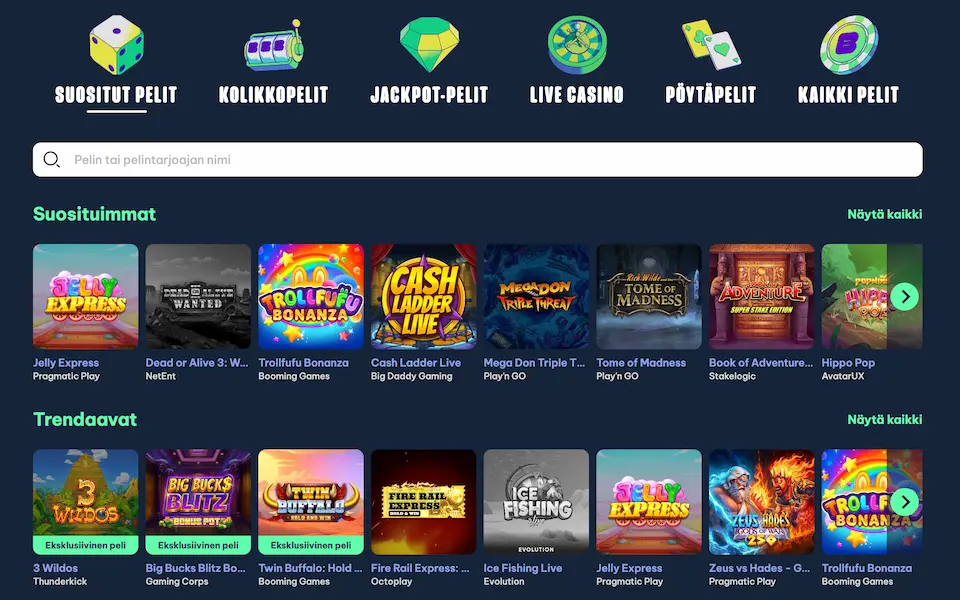 Blingi Casino tarjoaa monipuolisesti kasinopelejä