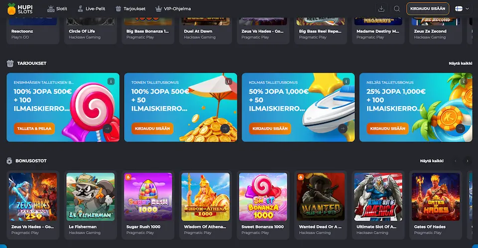 HupiSlotsin bonus uusille pelaajille rakentuu neljästä osasta