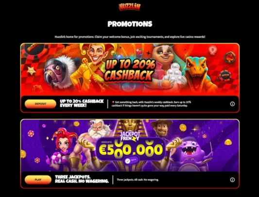 Huzzlin Casinon keskeisimpiä kampanjoita ovat cashback ja jackpot-turnaukset