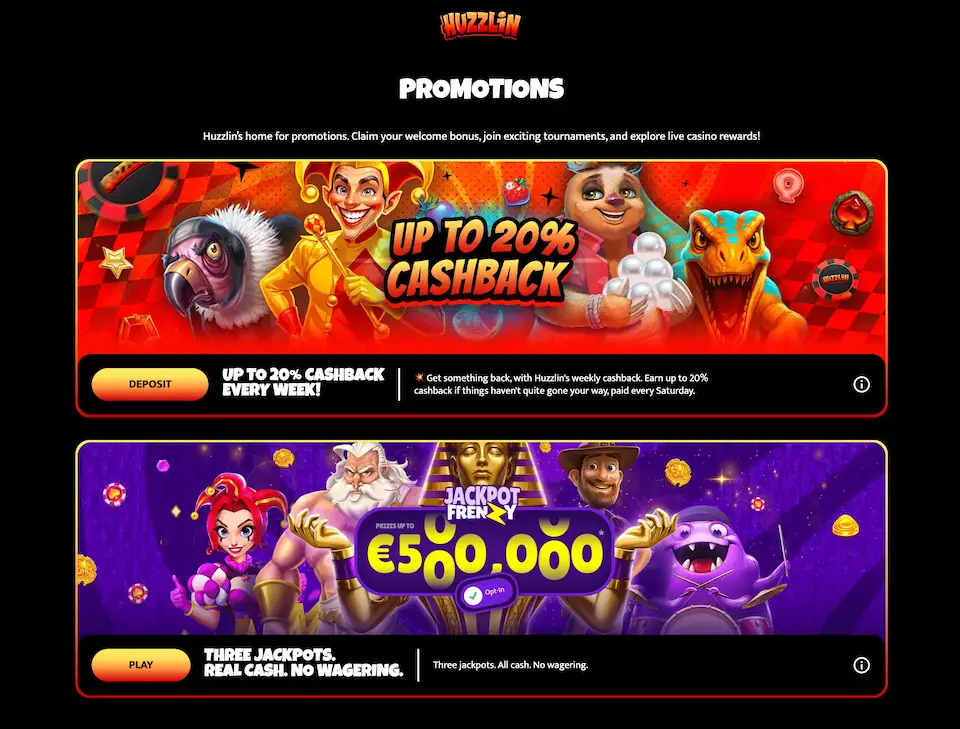 Huzzlin Casinon keskeisimpiä kampanjoita ovat cashback ja jackpot-turnaukset