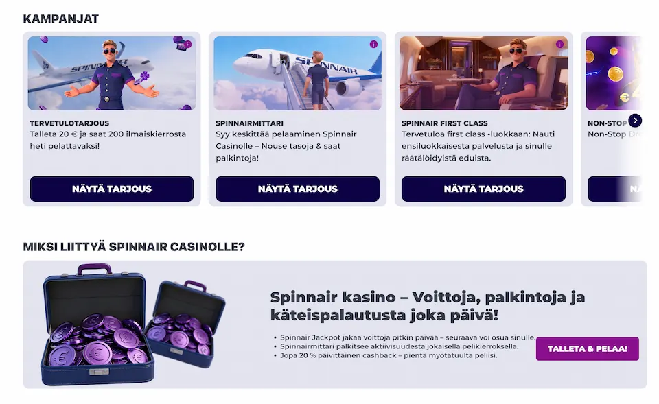 Spinnair Kasinon bonukset ja muut tarjoukset