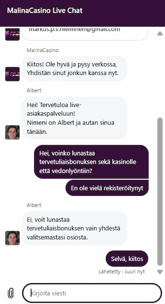 Malina Casino live chat