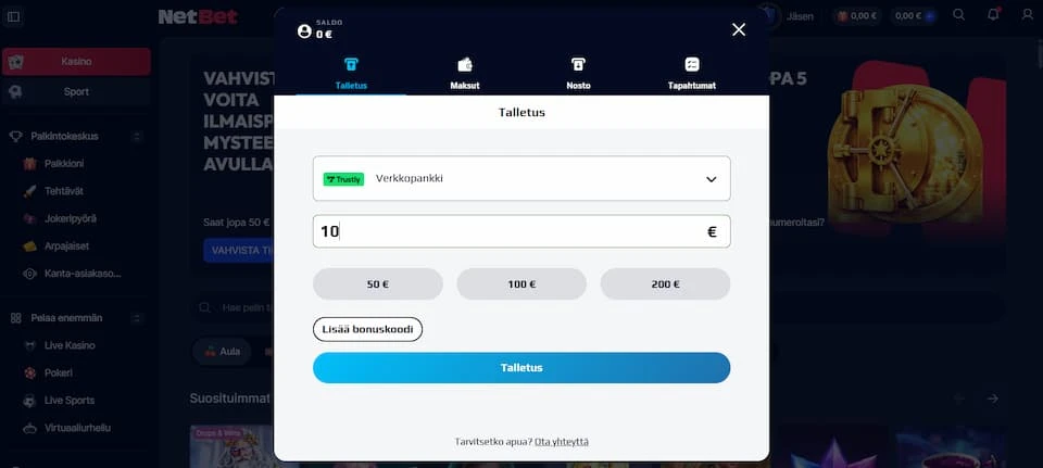 Netbet talletusikkuna