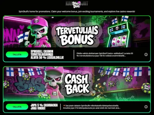 SpinSkull Casinolla tarjotaan tervetulobonus sekä viikoittainen cashback