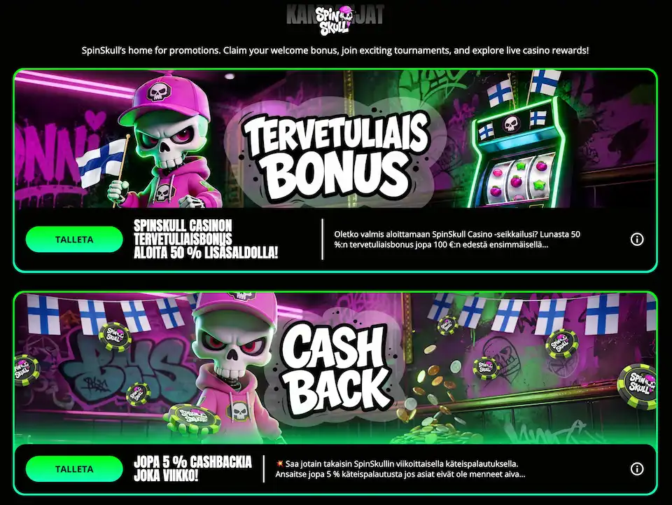 SpinSkull Casinolla tarjotaan tervetulobonus sekä viikoittainen cashback