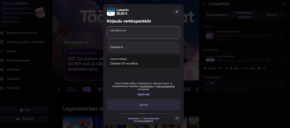 Lussurio Casinon talletusikkuna