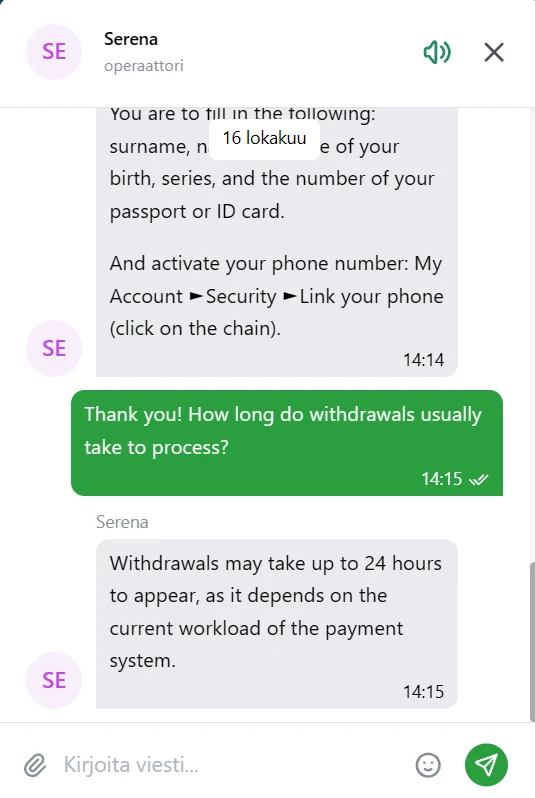 Chat-keskustelu 1xBet Casinon asiakaspalvelun kanssa