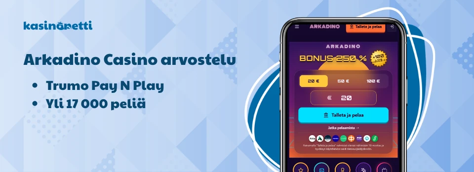 Arkadino Casinon etusivu puhelimen näytöllä