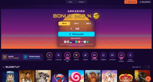Arkadino Casinon etusivu ja Pay N Play valikko