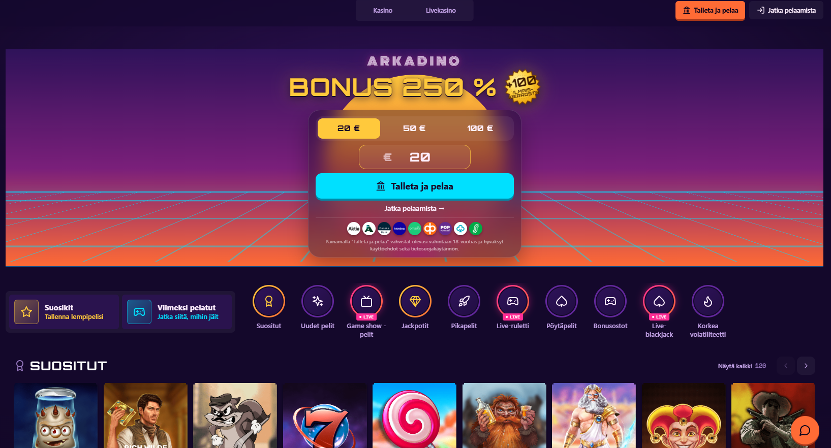 Arkadino Casinon etusivu ja Pay N Play valikko